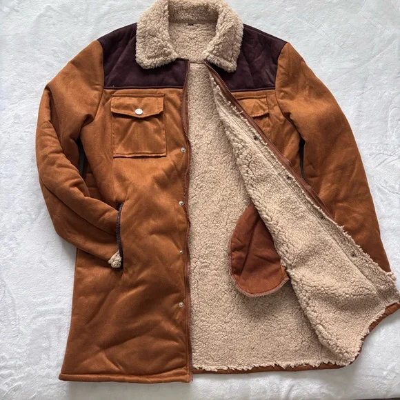 Men's Brown Faux Suede Sherpa Zippered Chore Jacket--NEW--S - Picture 8 of 15